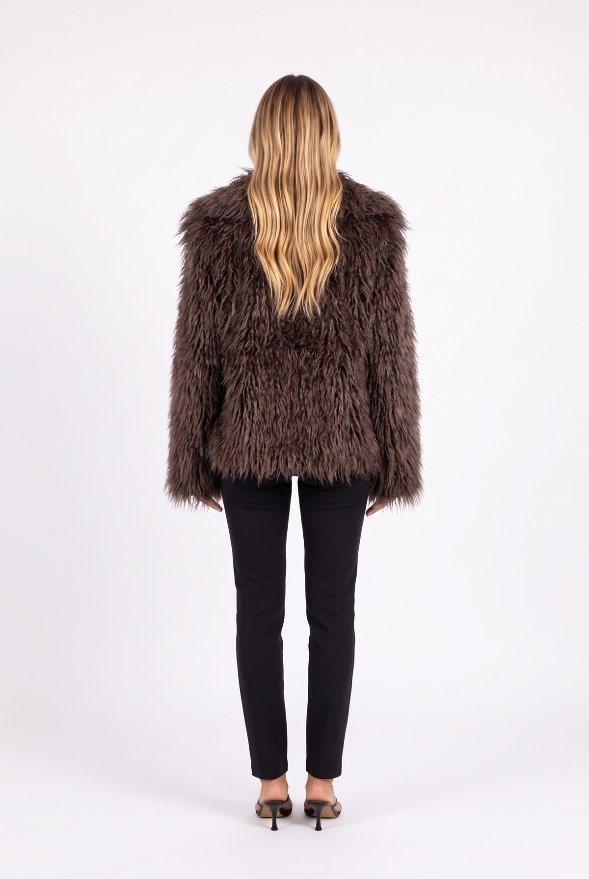 Brown shaggy faux fur jacket with oversized shawl collar — back