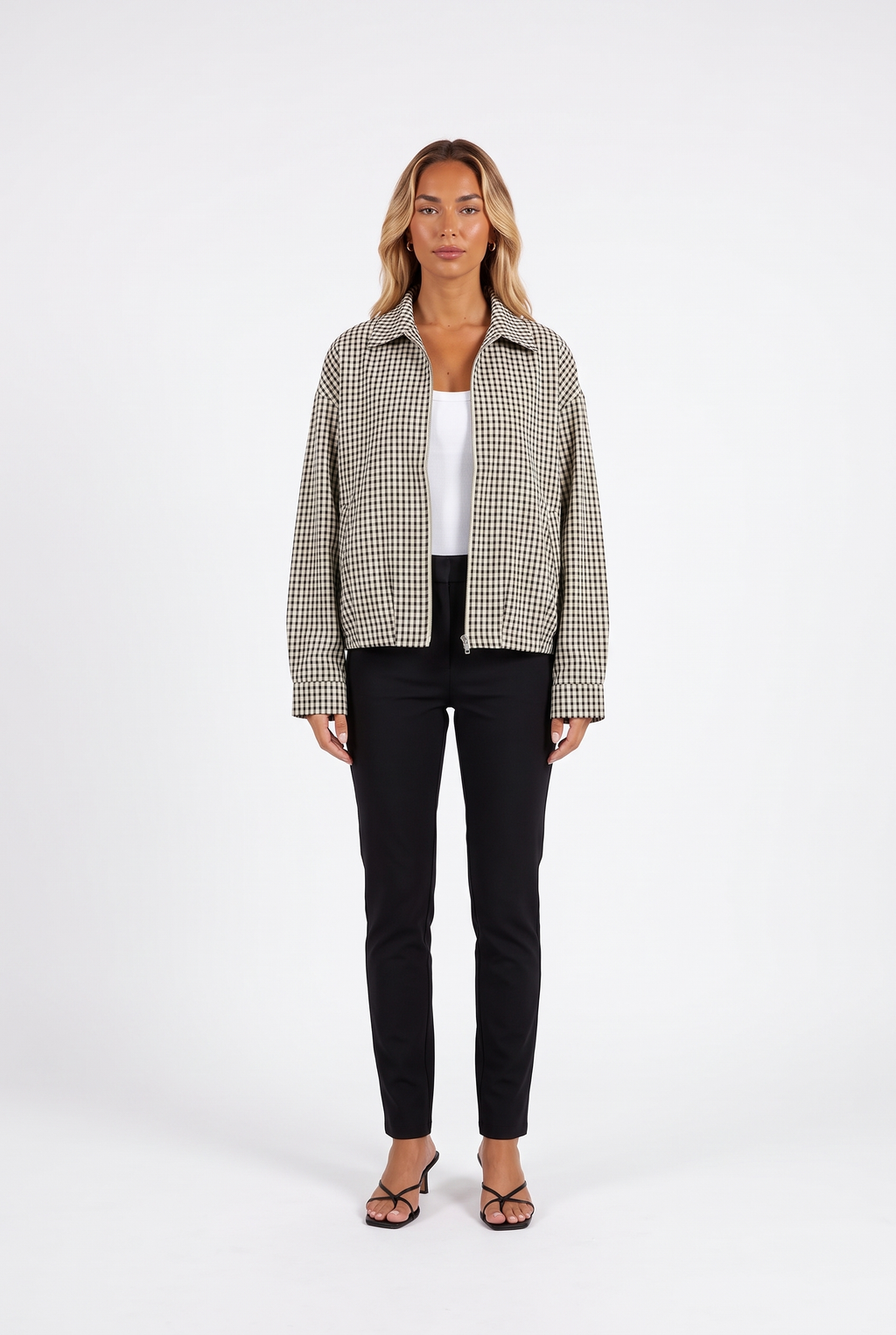 Black and cream gingham cropped zip jacket — front