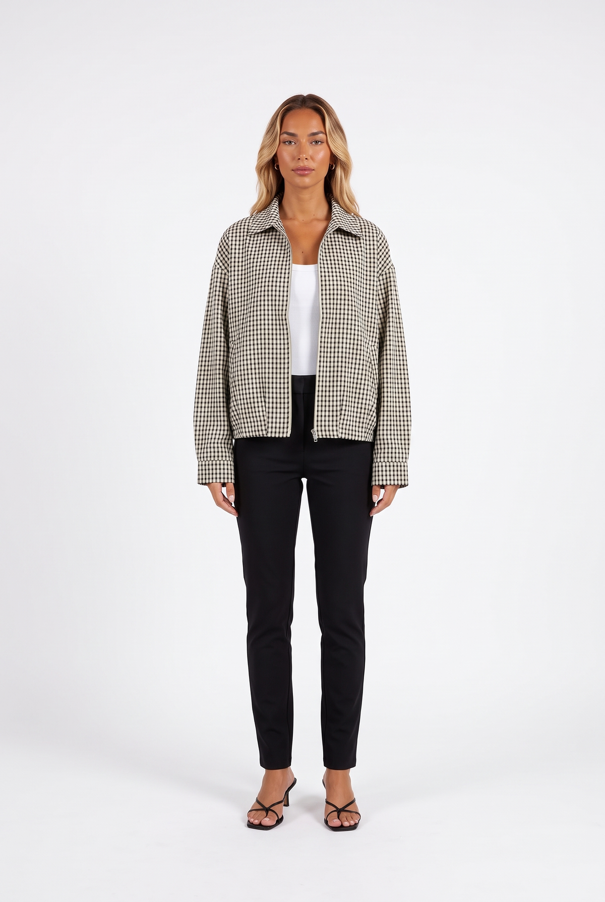 Black and cream gingham cropped zip jacket — front