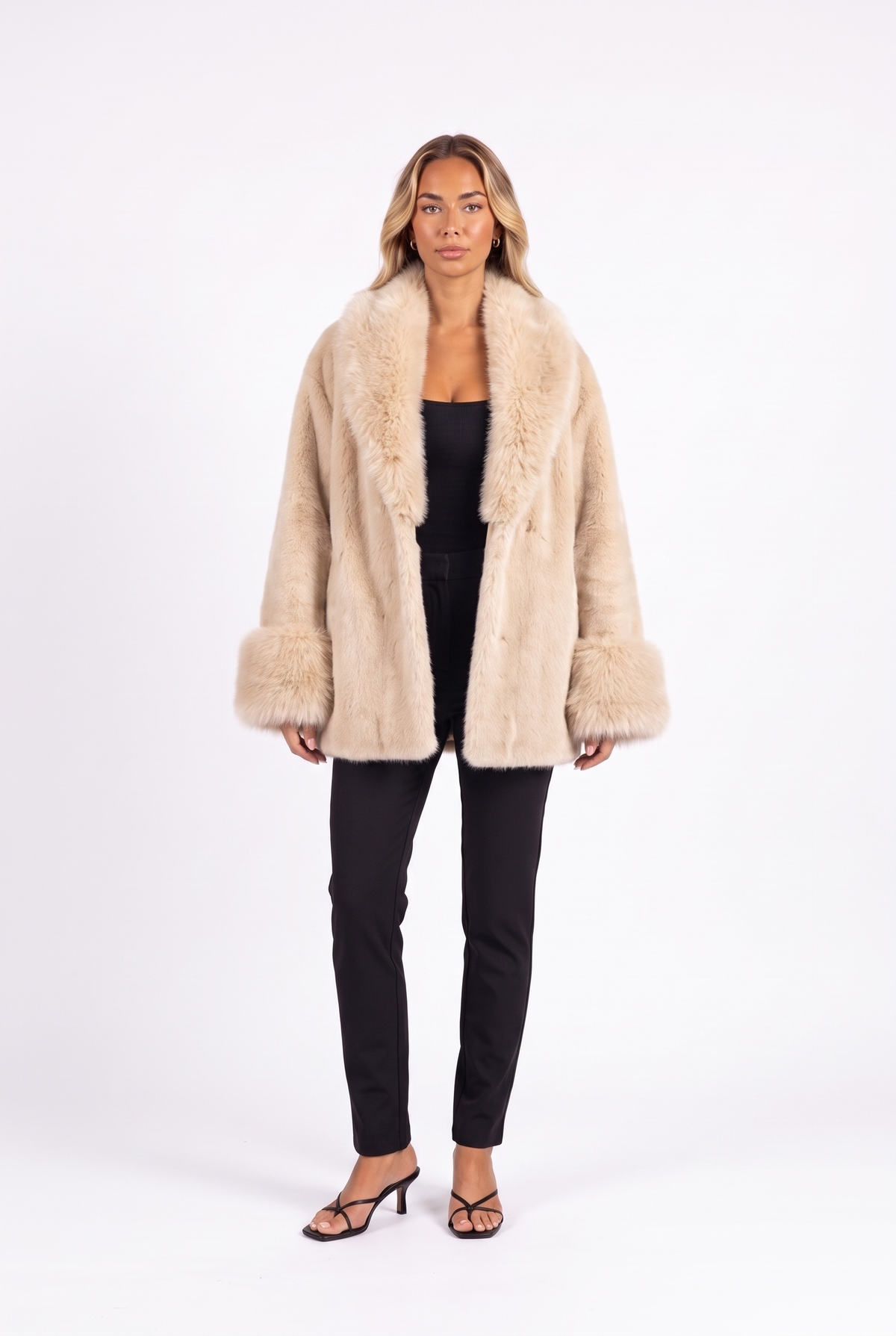 Oversized faux fur open-front coat in Beige — front
