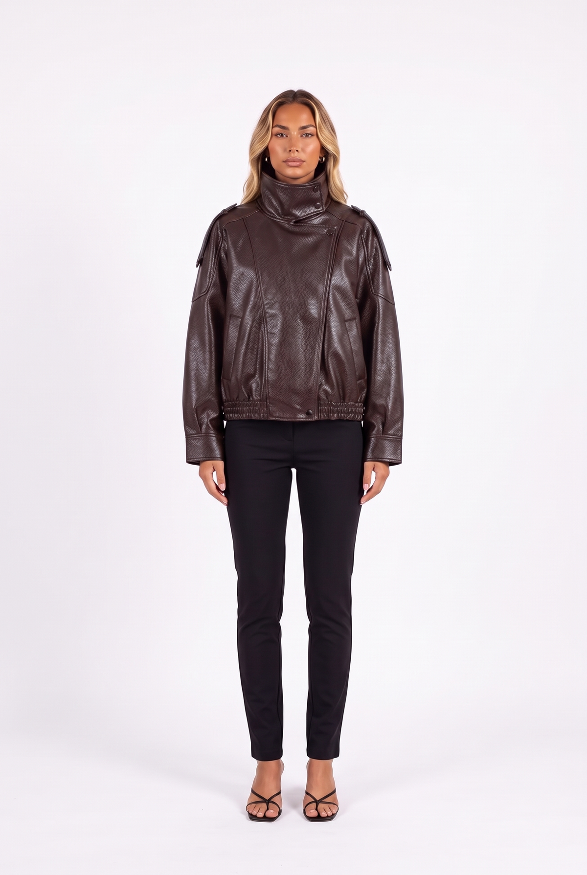 Cropped faux leather bomber with funnel collar in Brown — front